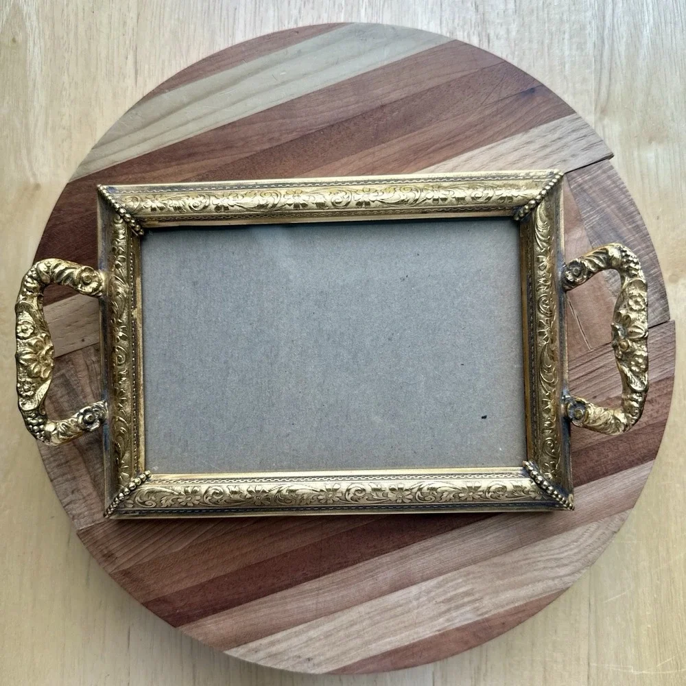 Vintage Picture Vanity Tray 8.5 Inch‎ Handles Velvet Gold Plate Ornate Flowers